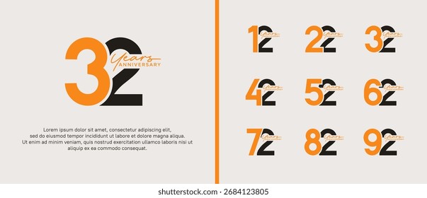 Conjunto de logotipo de aniversario plano color naranja y negro sobre fondo blanco para el momento de la celebración