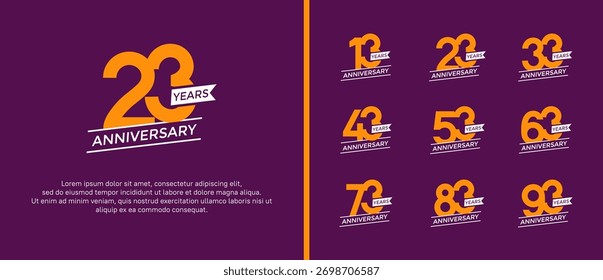 set of anniversary logo flat orange color on purple background for celebration moment