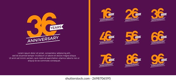 Set Jubiläums-Logo, flache orangefarbene Farbe auf violettem Hintergrund für Feierlichkeiten