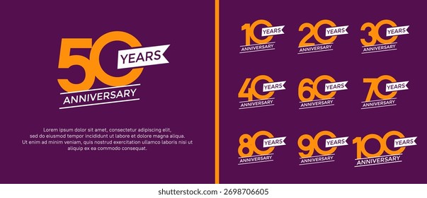 set of anniversary logo flat orange color on purple background for celebration moment
