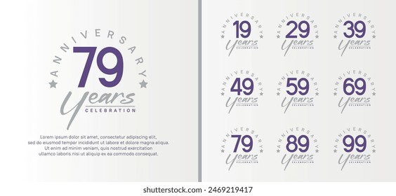 set of anniversary logo flat purple color number and gray text on white background for celebration