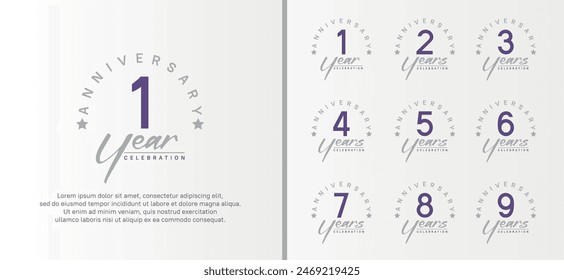 set of anniversary logo flat purple color number and gray text on white background for celebration