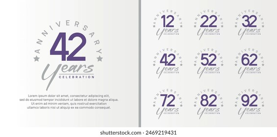 set of anniversary logo flat purple color number and gray text on white background for celebration