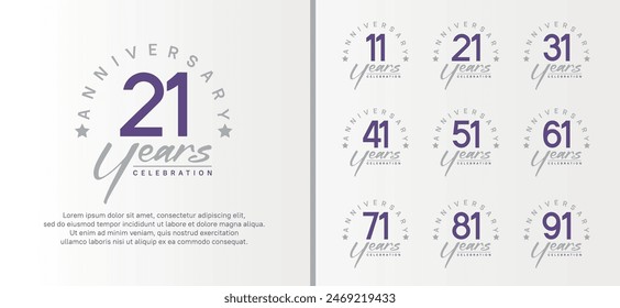 set of anniversary logo flat purple color number and gray text on white background for celebration