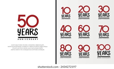 set of anniversary logo flat red color number and black on white background for celebration