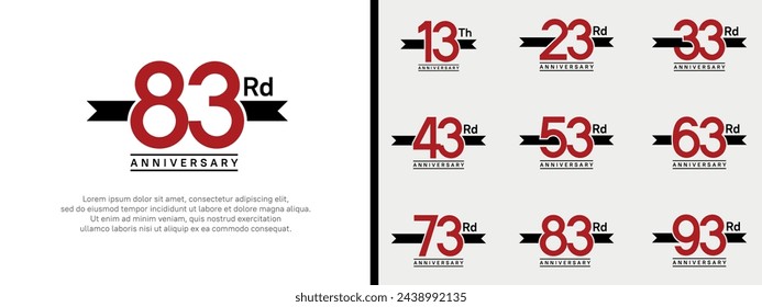 conjunto de logotipo de aniversario número de color rojo plano y cinta negra sobre fondo blanco para la celebración
