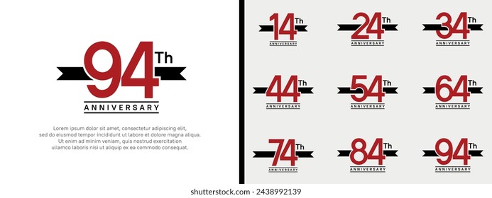 conjunto de logotipo de aniversario número de color rojo plano y cinta negra sobre fondo blanco para la celebración