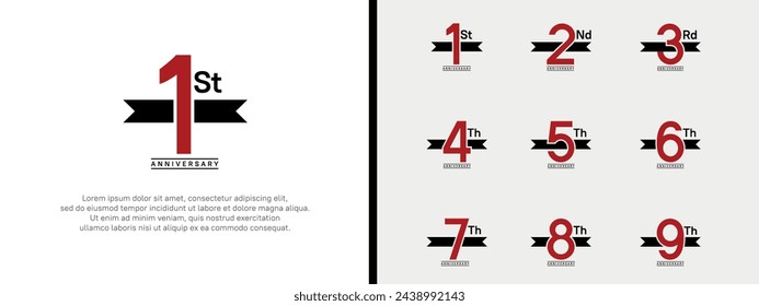 conjunto de logotipo de aniversario número de color rojo plano y cinta negra sobre fondo blanco para la celebración