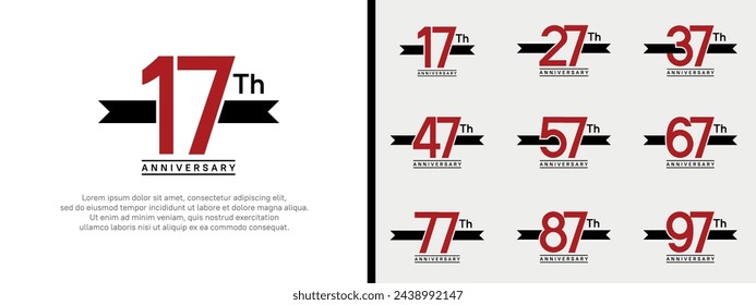 set of anniversary logo flat red color number and black ribbon on white background for celebration