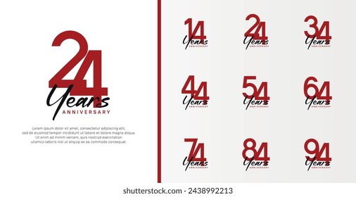 conjunto de logotipo de aniversario número de color rojo plano y texto negro sobre fondo blanco para la celebración