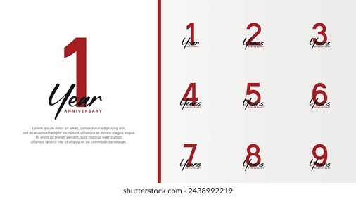 set of anniversary logo flat red color number and black text on white background for celebration