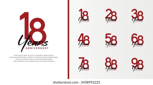 set of anniversary logo flat red color number and black text on white background for celebration