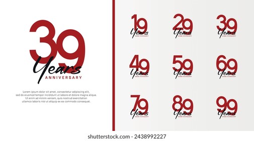 conjunto de logotipo de aniversario número de color rojo plano y texto negro sobre fondo blanco para la celebración