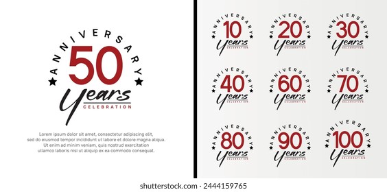 conjunto de logotipo de aniversario número de color rojo plano y texto negro sobre fondo blanco para la celebración