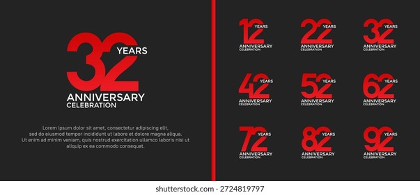 set of anniversary logo flat red and white color on black background for celebration moment