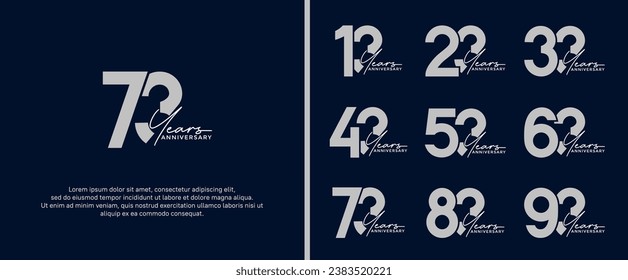 conjunto de logotipo de aniversario color plateado plano sobre fondo azul oscuro para momento de celebración