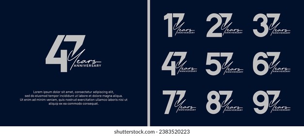 set of anniversary logo flat silver color on dark blue background for celebration moment