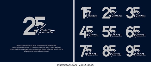 conjunto de logotipo de aniversario color plateado plano sobre fondo azul oscuro para momento de celebración