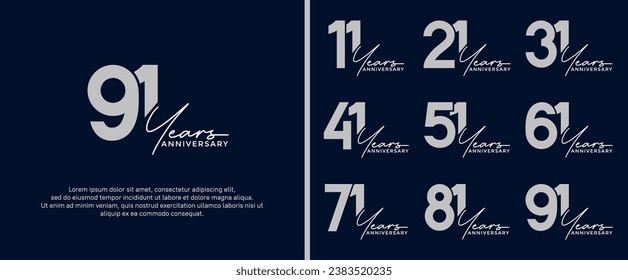 set of anniversary logo flat silver color on dark blue background for celebration moment