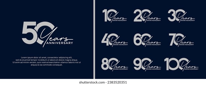 set of anniversary logo flat silver color on dark blue background for celebration moment