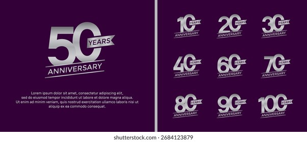 conjunto de aniversário logotipo cor prateada plana no fundo roxo para o momento de celebração