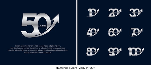 set of anniversary logo flat silver color on dark blue background for celebration moment