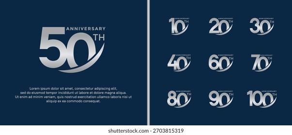 set of anniversary logo flat silver color on blue background for celebration moment