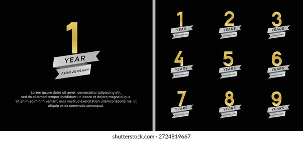 Conjunto de logotipo de aniversario plano color plata y oro sobre fondo negro para el momento de la celebración