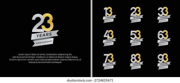 Conjunto de logotipo de aniversario plano color plata y oro sobre fondo negro para el momento de la celebración