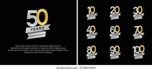Set Jubiläums-Logo, flache Farbe, silber und gold, auf schwarzem Hintergrund, für Feierlichkeiten