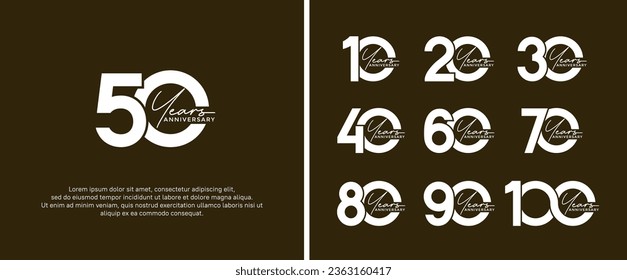conjunto de logotipo de aniversario color blanco plano sobre fondo marrón para momento de celebración