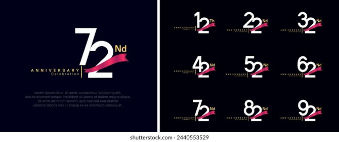set of anniversary logo flat white color number and red ribbon on dark blue background for celebration
