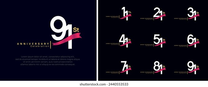 set of anniversary logo flat white color number and red ribbon on dark blue background for celebration