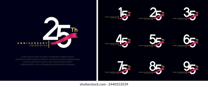 conjunto de logotipo de aniversario número de color blanco plano y cinta roja sobre fondo azul oscuro para la celebración