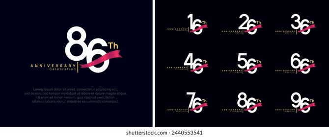 set of anniversary logo flat white color number and red ribbon on dark blue background for celebration