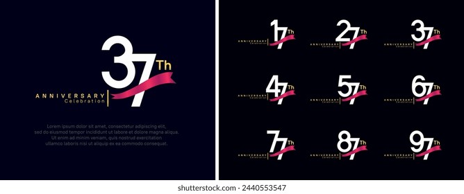 set of anniversary logo flat white color number and red ribbon on dark blue background for celebration