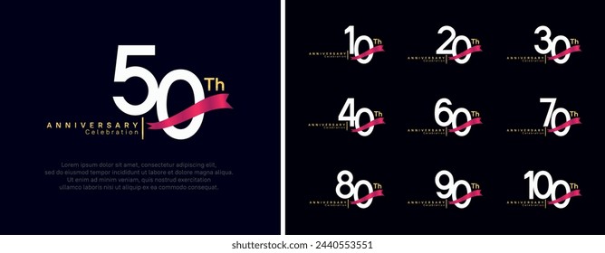 set of anniversary logo flat white color number and red ribbon on dark blue background for celebration