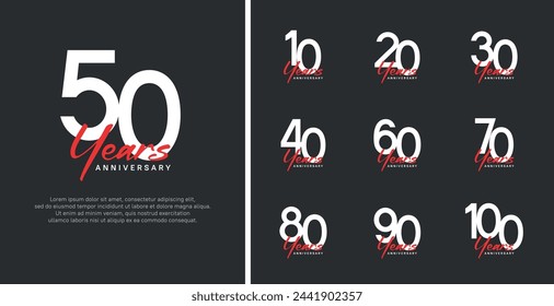set of anniversary logo flat white color number and red text on black background for celebration