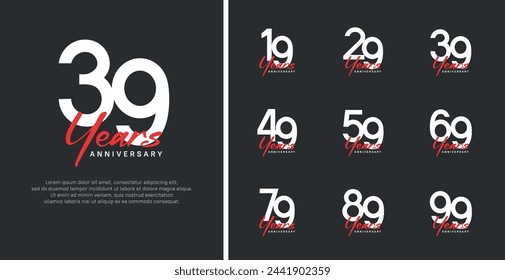 set of anniversary logo flat white color number and red text on black background for celebration