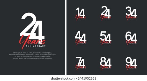 conjunto de logotipo de aniversario número de color blanco plano y texto rojo sobre fondo negro para la celebración