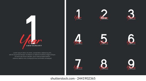 set of anniversary logo flat white color number and red text on black background for celebration