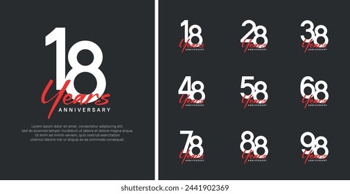 set of anniversary logo flat white color number and red text on black background for celebration