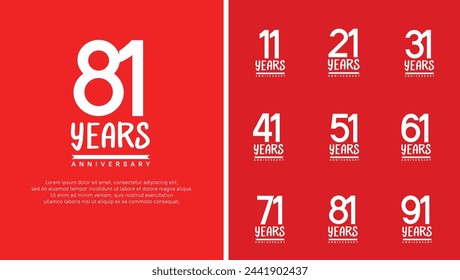 set of anniversary logo flat white color number on red background for celebration