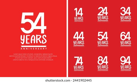 set of anniversary logo flat white color number on red background for celebration