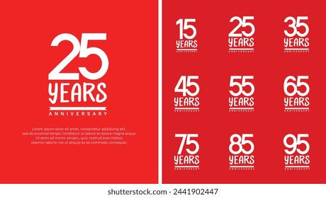set of anniversary logo flat white color number on red background for celebration