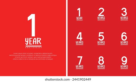 set of anniversary logo flat white color number on red background for celebration