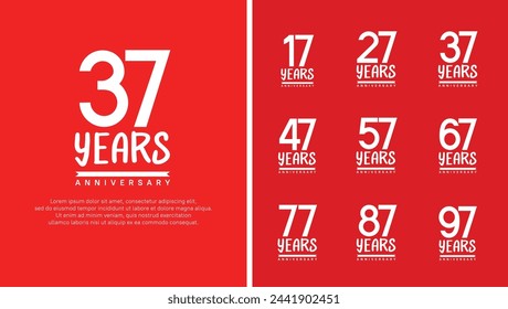 set of anniversary logo flat white color number on red background for celebration