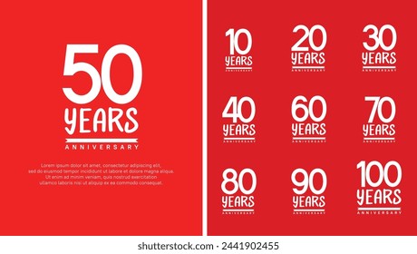 set of anniversary logo flat white color number on red background for celebration