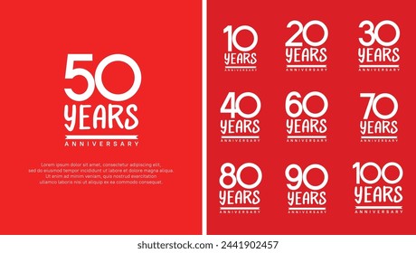 set of anniversary logo flat white color number on red background for celebration