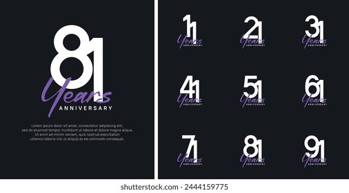 set of anniversary logo flat white color number and purple text on black background for celebration